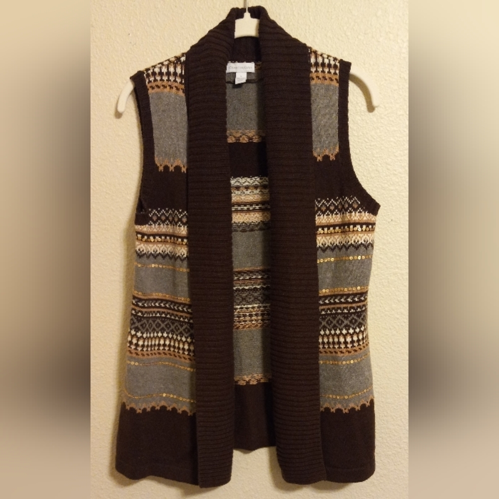 Charter Club Women's Size Small Brown Gray Print Sweater Vest Duster.